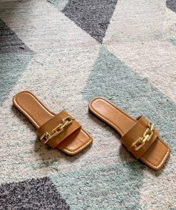 YL Brown Chain-Accent Slide Sandals Sliders Shoes - EN BLOOM