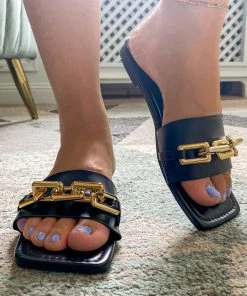 YL Black Chain-Accent Sip On Slides Flat Sandals - EN BLOOM New In Shoes