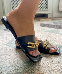 YL Black Chain-Accent Sip On Slides Flat Sandals - EN BLOOM New In Shoes