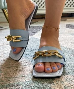 YL Blue Chain-Accent Sliders - EN BLOOM New In Shoes