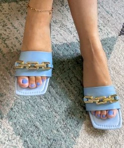 YL Blue Chain-Accent Sliders - EN BLOOM New In Shoes