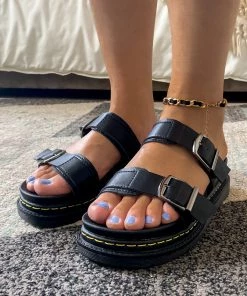 YL Black Double-Strap Buckled Sip On Slides Flat Sandals | En Bloom