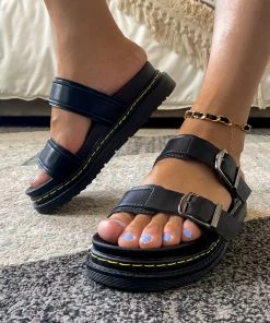 YL Black Double-Strap Buckled Sip On Slides Flat Sandals | En Bloom