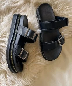 YL Black Double-Strap Buckled Sip On Slides Flat Sandals | En Bloom