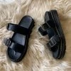 YL Black Double-Strap Buckled Sip On Slides Flat Sandals | En Bloom