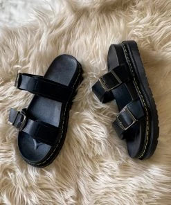 YL Black Double-Strap Buckled Sip On Slides Flat Sandals | En Bloom