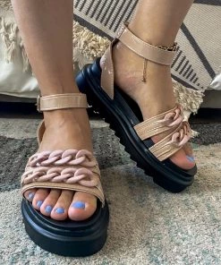 YL Beige Chain Buckle Strap Flat Platform Sandals | En Bloom New In Shoes