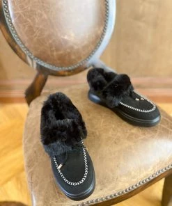 HYHE En Bloom | Black Faux-Fur Anklet Yana Moccasin New In Shoes