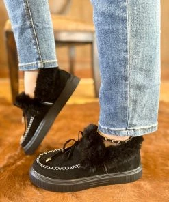 HYHE En Bloom | Black Faux-Fur Anklet Yana Moccasin New In Shoes
