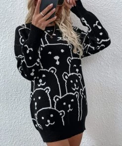 MY Smaibulun | Smiley Polar Bear Black Knit Sweater Dress
