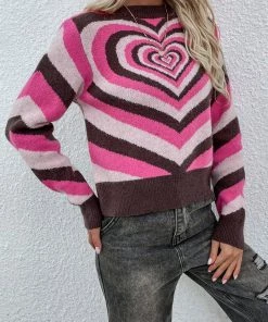 MY Smaibulun | Brown Pink Heart Ring Knit Top