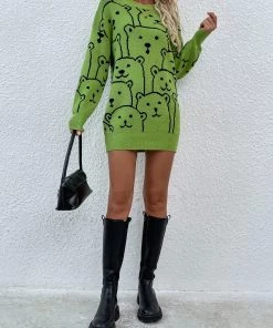 MY Smaibulun | Green Smiley Polar Bear Knit Sweater Dress New In Clothing