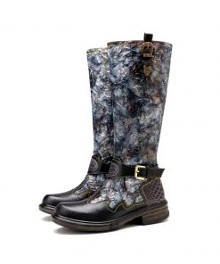 Soffia | Genuine Leather Grey Wrinkled ILIYAH Accent Flat High Knee Boots