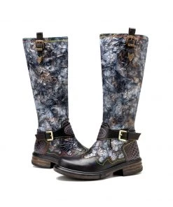 Soffia | Genuine Leather Grey Wrinkled ILIYAH Accent Flat High Knee Boots