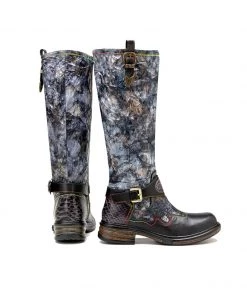 Soffia | Genuine Leather Grey Wrinkled ILIYAH Accent Flat High Knee Boots