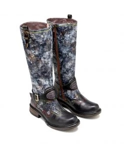 Soffia | Genuine Leather Grey Wrinkled ILIYAH Accent Flat High Knee Boots