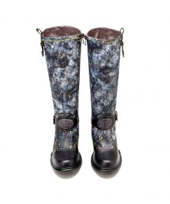 Soffia | Genuine Leather Grey Wrinkled ILIYAH Accent Flat High Knee Boots