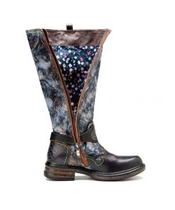 Soffia | Genuine Leather Grey Wrinkled ILIYAH Accent Flat High Knee Boots