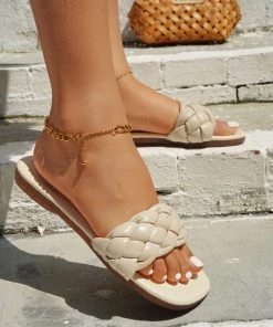 HT NEW ARRIVALS En Bloom | Ivory Matte Braided Slides Flat Sandals