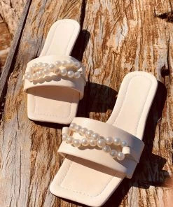 HT New In Shoes En Bloom | Ivory Pearl Chain Slides Flat Sandalsw