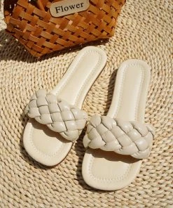 HT NEW ARRIVALS En Bloom | Ivory Matte Braided Slides Flat Sandals