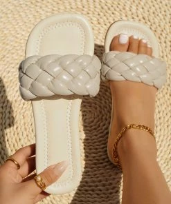 HT NEW ARRIVALS En Bloom | Ivory Matte Braided Slides Flat Sandals