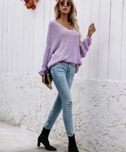 MY Smaibulun | Batwing Sleeve Low V-Neck Sweater - Lalic
