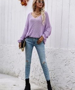 MY Smaibulun | Batwing Sleeve Low V-Neck Sweater - Lalic