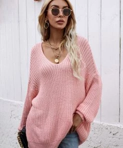 MY New In Clothing Smaibulun | Batwing Sleeve Low V-Neck Sweater - Pink 9 MY New In Clothing Smaibulun | Batwing Sleeve Low V-Neck Sweater - Pink