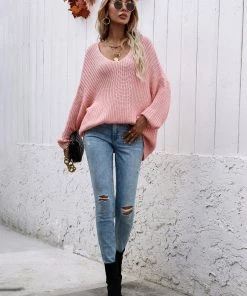 MY New In Clothing Smaibulun | Batwing Sleeve Low V-Neck Sweater - Pink 11 MY New In Clothing Smaibulun | Batwing Sleeve Low V-Neck Sweater - Pink