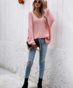 MY New In Clothing Smaibulun | Batwing Sleeve Low V-Neck Sweater - Pink 12 MY New In Clothing Smaibulun | Batwing Sleeve Low V-Neck Sweater - Pink