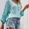 MY Smaibulun | Roll-Sleeve V-Neck Knit Top - Blue Clothing