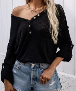 MY Clothing Smaibulun | Roll-Sleeve V-Neck Knit Top - Black