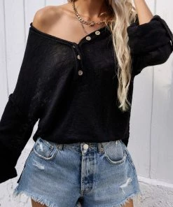 MY Clothing Smaibulun | Roll-Sleeve V-Neck Knit Top - Black