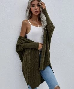 MY Smaibulun | Batwing-Sleeve Open Knit Cardigan - Olive New In Clothing