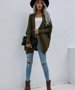 MY Smaibulun | Batwing-Sleeve Open Knit Cardigan - Olive New In Clothing