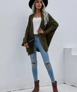 MY Smaibulun | Batwing-Sleeve Open Knit Cardigan - Olive New In Clothing