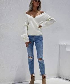 MY New In Clothing Smaibulun | Lantern-Sleeve V-Neck Wrap Knit Top - White