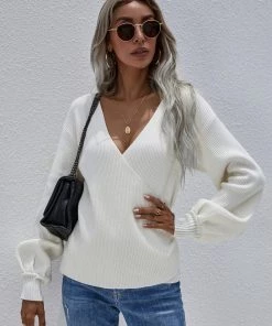 MY New In Clothing Smaibulun | Lantern-Sleeve V-Neck Wrap Knit Top - White