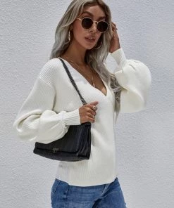 MY New In Clothing Smaibulun | Lantern-Sleeve V-Neck Wrap Knit Top - White