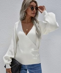 MY New In Clothing Smaibulun | Lantern-Sleeve V-Neck Wrap Knit Top - White