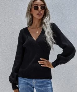 MY Smaibulun | Lantern-Sleeve V-Neck Wrap Knit Top - Black New In Clothing 10 MY Smaibulun | Lantern-Sleeve V-Neck Wrap Knit Top - Black New In Clothing