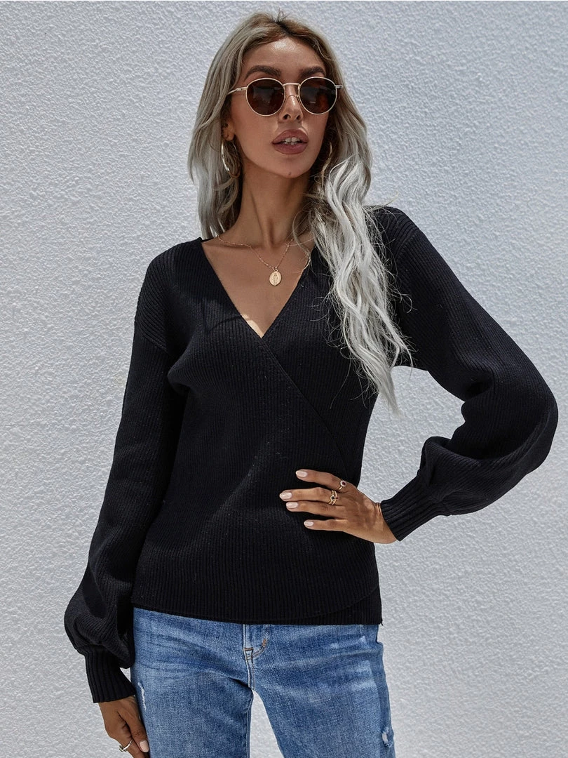MY Smaibulun | Lantern-Sleeve V-Neck Wrap Knit Top - Black New In Clothing 4 MY Smaibulun | Lantern-Sleeve V-Neck Wrap Knit Top - Black New In Clothing