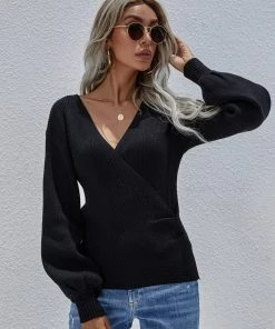 MY Smaibulun | Lantern-Sleeve V-Neck Wrap Knit Top - Black New In Clothing