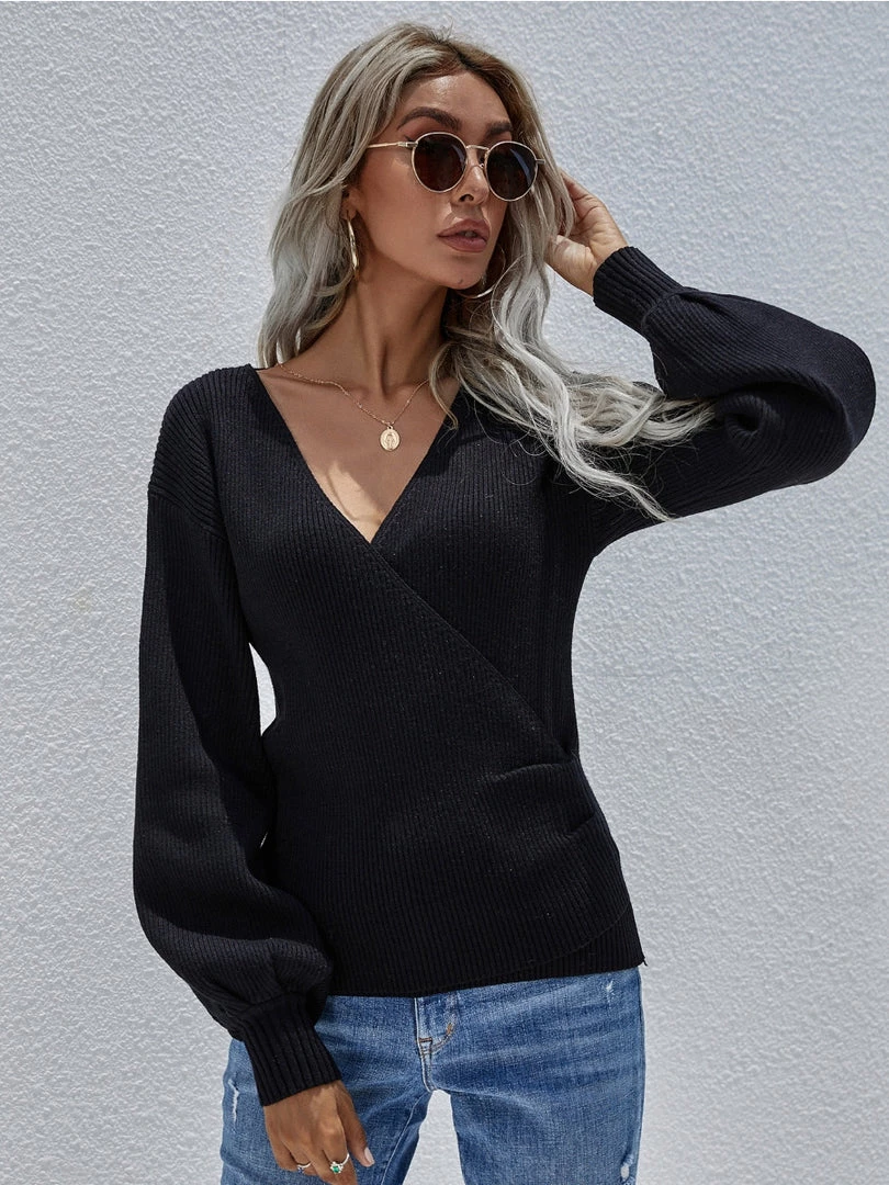 MY Smaibulun | Lantern-Sleeve V-Neck Wrap Knit Top - Black New In Clothing 2 MY Smaibulun | Lantern-Sleeve V-Neck Wrap Knit Top - Black New In Clothing