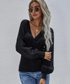 MY Smaibulun | Lantern-Sleeve V-Neck Wrap Knit Top - Black New In Clothing 9 MY Smaibulun | Lantern-Sleeve V-Neck Wrap Knit Top - Black New In Clothing