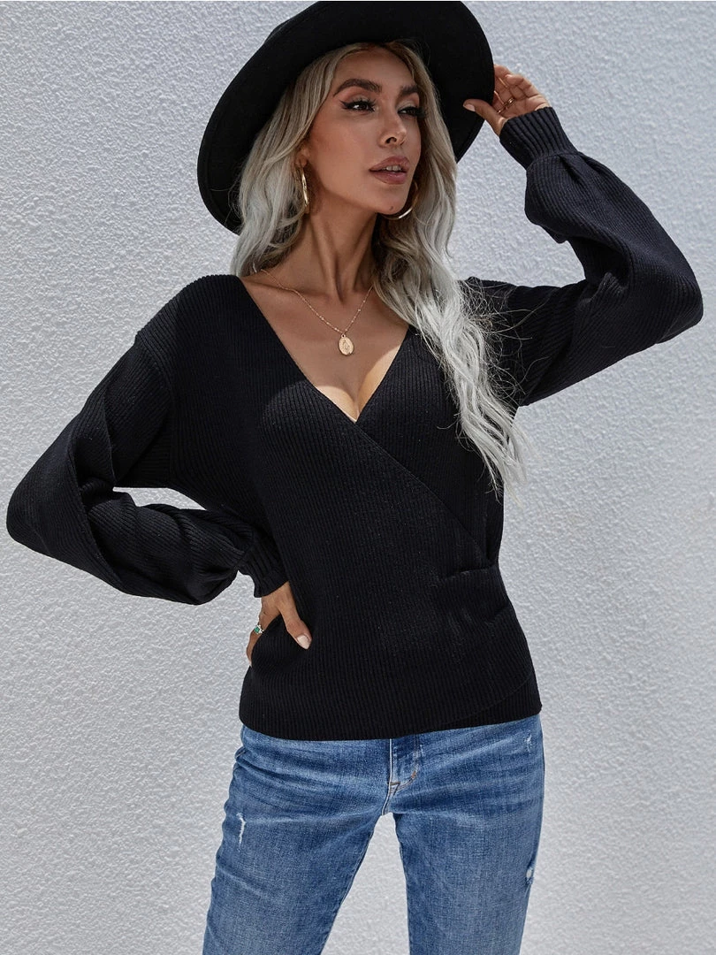 MY Smaibulun | Lantern-Sleeve V-Neck Wrap Knit Top - Black New In Clothing 5 MY Smaibulun | Lantern-Sleeve V-Neck Wrap Knit Top - Black New In Clothing