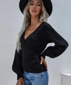 MY Smaibulun | Lantern-Sleeve V-Neck Wrap Knit Top - Black New In Clothing 12 MY Smaibulun | Lantern-Sleeve V-Neck Wrap Knit Top - Black New In Clothing