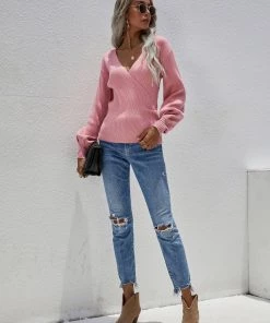 MY New In Clothing Smaibulun | Lantern-Sleeve V-Neck Wrap Knit Top - Pink 11 MY New In Clothing Smaibulun | Lantern-Sleeve V-Neck Wrap Knit Top - Pink