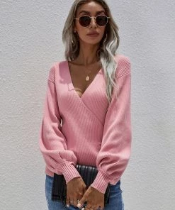 MY New In Clothing Smaibulun | Lantern-Sleeve V-Neck Wrap Knit Top - Pink 9 MY New In Clothing Smaibulun | Lantern-Sleeve V-Neck Wrap Knit Top - Pink
